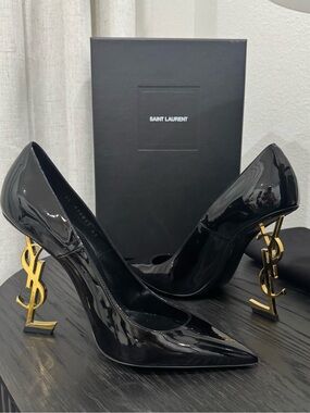 Saint Laurent YSL Opyum 110 Logo Heel Pump Patent Black/Gold 36.5